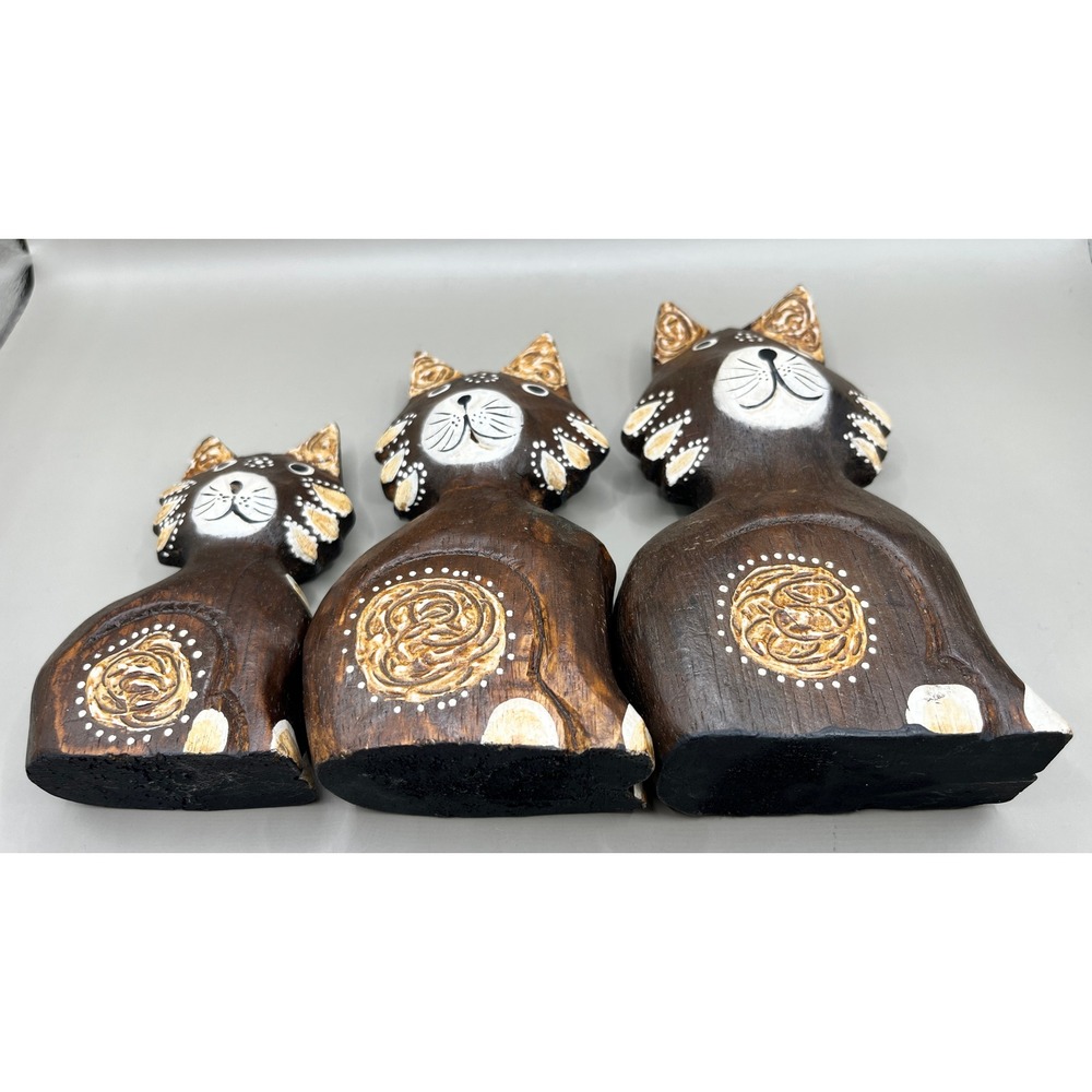 Trio of Brown Wooden Carved Standing Kitty Cat Folk Art Figurines Boho Vtg - Picture 8 of 10